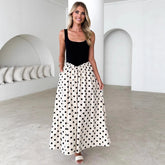 Spring Summer Polka Dot Print Stitching U Collar Large Swing Graceful Vest Dress