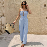 Fresh Vacation Striped Tube Top Lace up Cutout Jumpsuit
