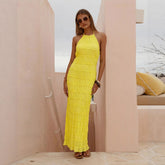 Women Backless Pleated Stripe Fabric Special Dress Breathable Lace up Lotus Leaf Dress
