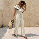 Minimalist Vacation Apricot One Shoulder Ruffled Fitted Waist Jumpsuit