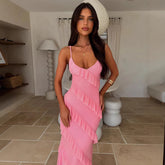 V neck off the Shoulder Wave Slim Fit Side Slit Sexy Backless Spaghetti Straps Dress Dress for Summer
