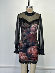 Sexy Lace Stitching Dress Floral Printed Mesh Design Hip Dress