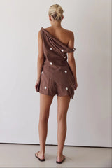 Summer Printed Shoulder Personal Casual Top Loose Shorts Two Piece Sets