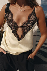 Sexy Lace Stitching Deep V Plunge neck Strap Inner Wear Blouse Vest