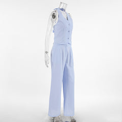 Summer Blue Cotton Linen Sleeveless Waistcoat Vest Trousers Two Piece Set for Women
