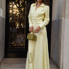 Digital Printed V neck Long Sleeve High Sense French Women Elegant A line Dress