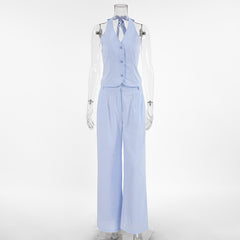 Summer Blue Cotton Linen Sleeveless Waistcoat Vest Trousers Two Piece Set for Women
