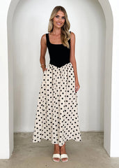 Spring Summer Polka Dot Print Stitching U Collar Large Swing Graceful Vest Dress