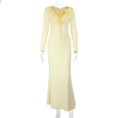 Sexy Ruffled Long Sleeve Slim Stretch Dress Autumn Type Hip Dress