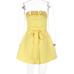 Solid Color Tube Top A line Dress Women Pleated Dress