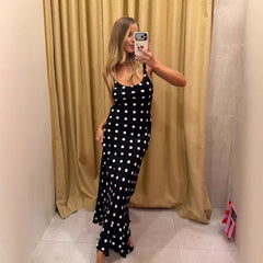 Summer Dress Polka Dot Printed Waist Controlled Sheath Sexy Ruffled Maxi Dress