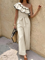 Minimalist Vacation Apricot One Shoulder Ruffled Fitted Waist Jumpsuit