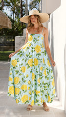 Spring Summer Dress Holiday Floral Printed High Waist Sling Large Swing Dress