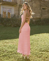 Women Backless Pleated Stripe Fabric Special Dress Breathable Lace up Lotus Leaf Dress