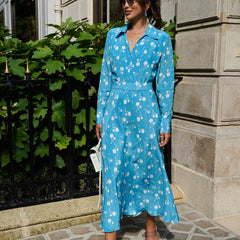 Digital Printed V neck Long Sleeve High Sense French Women Elegant A line Dress