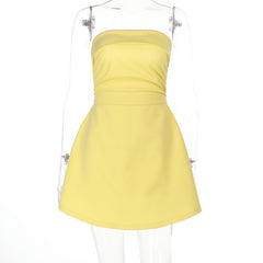 Solid Color Tube Top A line Dress Women Pleated Dress