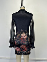 Sexy Lace Stitching Dress Floral Printed Mesh Design Hip Dress