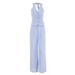 Summer Blue Cotton Linen Sleeveless Waistcoat Vest Trousers Two Piece Set for Women