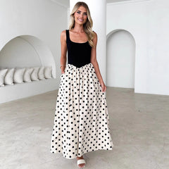 Spring Summer Polka Dot Print Stitching U Collar Large Swing Graceful Vest Dress