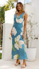Spring Summer Dress Printed V neck Fitted Waist Backless Dress