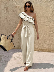 Minimalist Vacation Apricot One Shoulder Ruffled Fitted Waist Jumpsuit