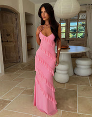 V neck off the Shoulder Wave Slim Fit Side Slit Sexy Backless Spaghetti Straps Dress Dress for Summer