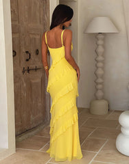 V neck off the Shoulder Wave Slim Fit Side Slit Sexy Backless Spaghetti Straps Dress Dress for Summer