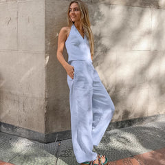 Summer Blue Cotton Linen Sleeveless Waistcoat Vest Trousers Two Piece Set for Women