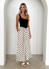 Spring Summer Polka Dot Print Stitching U Collar Large Swing Graceful Vest Dress