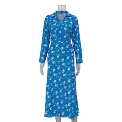 Digital Printed V neck Long Sleeve High Sense French Women Elegant A line Dress