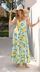 Spring Summer Dress Holiday Floral Printed High Waist Sling Large Swing Dress