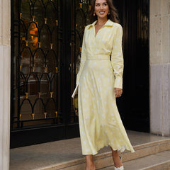 Digital Printed V neck Long Sleeve High Sense French Women Elegant A line Dress