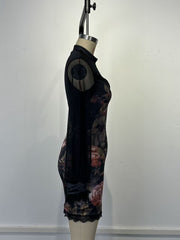 Sexy Lace Stitching Dress Floral Printed Mesh Design Hip Dress