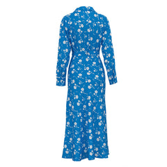 Digital Printed V neck Long Sleeve High Sense French Women Elegant A line Dress