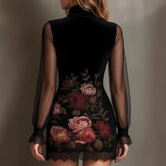 Sexy Lace Stitching Dress Floral Printed Mesh Design Hip Dress
