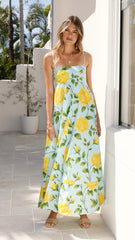 Spring Summer Dress Holiday Floral Printed High Waist Sling Large Swing Dress