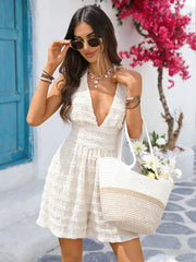 French Sexy V neck Halter Tiered Dress Women Texture Sense Pleated Waist Tight Women Clothing