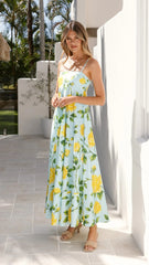 Spring Summer Dress Holiday Floral Printed High Waist Sling Large Swing Dress