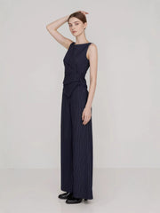Professional Women Striped Sleeveless Asymmetric Top Straight Leg Trousers Two Piece Sets