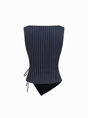 Professional Women Striped Sleeveless Asymmetric Top Straight Leg Trousers Two Piece Sets