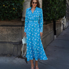 Digital Printed V neck Long Sleeve High Sense French Women Elegant A line Dress