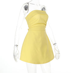 Solid Color Tube Top A line Dress Women Pleated Dress