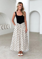 Spring Summer Polka Dot Print Stitching U Collar Large Swing Graceful Vest Dress