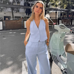 Summer Blue Cotton Linen Sleeveless Waistcoat Vest Trousers Two Piece Set for Women
