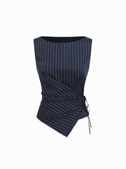 Professional Women Striped Sleeveless Asymmetric Top Straight Leg Trousers Two Piece Sets