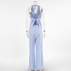 Summer Blue Cotton Linen Sleeveless Waistcoat Vest Trousers Two Piece Set for Women