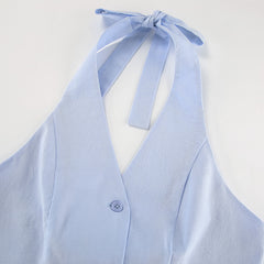 Summer Blue Cotton Linen Sleeveless Waistcoat Vest Trousers Two Piece Set for Women