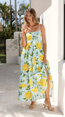 Spring Summer Dress Holiday Floral Printed High Waist Sling Large Swing Dress