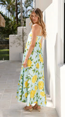 Spring Summer Dress Holiday Floral Printed High Waist Sling Large Swing Dress