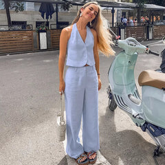 Summer Blue Cotton Linen Sleeveless Waistcoat Vest Trousers Two Piece Set for Women